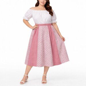 Cottage Core Red White Gingham Floral Print Full Skirt Size XL Feminine Modest